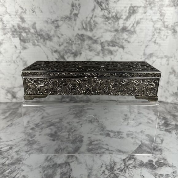 Vintage 1992 Godinger Silver Jewelry Box 9" X 3-7/8" Floral Vine High Relief - Picture 5 of 10